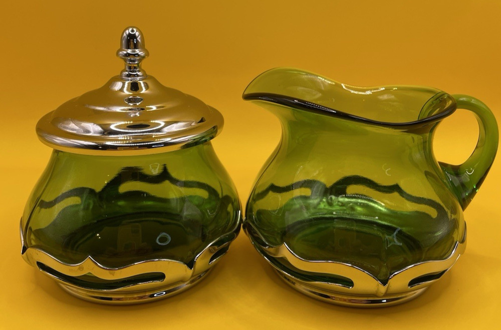 Vintage NY Krome-Kraft, Farber Bros. Green Glass Sugar Bowl & Creamer With Lid
